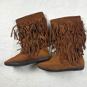 Fringe Moccasin Boots Women Size 8 Tan Brown Boho Studded Mid Calf Exc